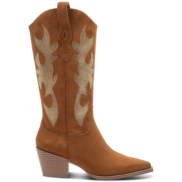 Wild Pair Women's Size 6.5 Brown Suede Cowboy Boots w/ Gold Crystals NIB - Picture 2 of 13